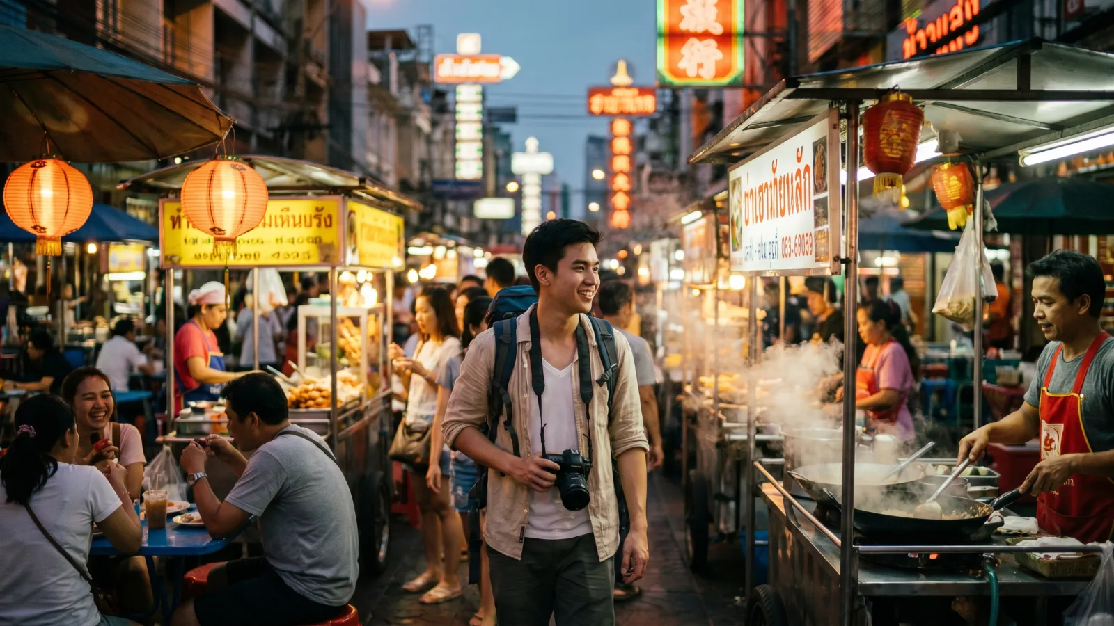 Marche de nuit anime en Asie du Sud-Est avec stands de street food et lanternes