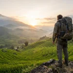 Voyageur devant les rizieres en terrasses de Sapa au Vietnam au lever du jour