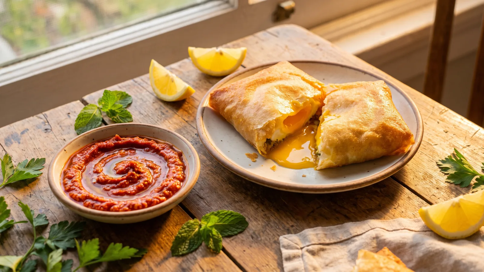 Brick à l'œuf tunisienne et bol de harissa