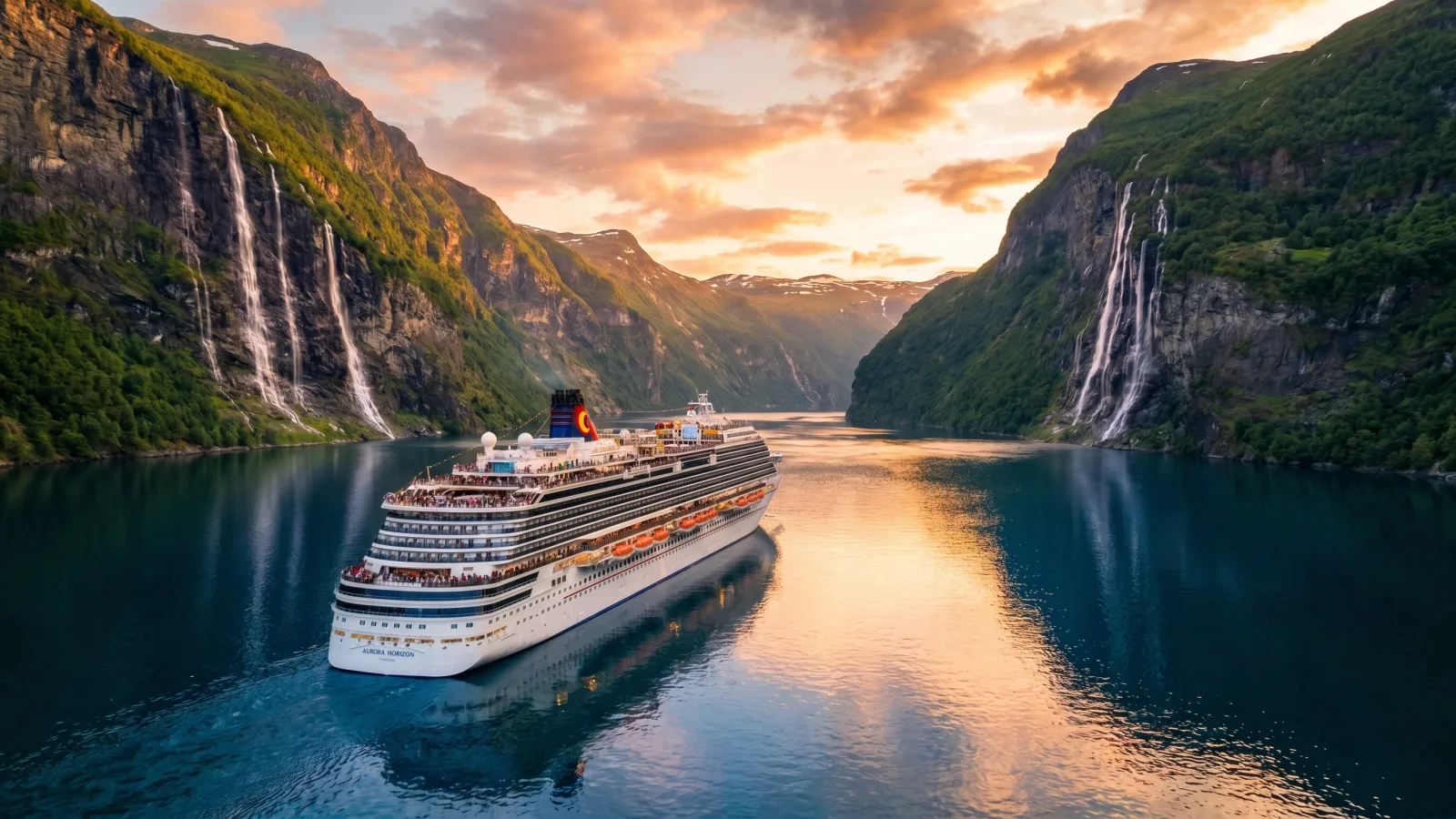 Navire de croisiere dans le Geirangerfjord en Norvege au coucher du soleil