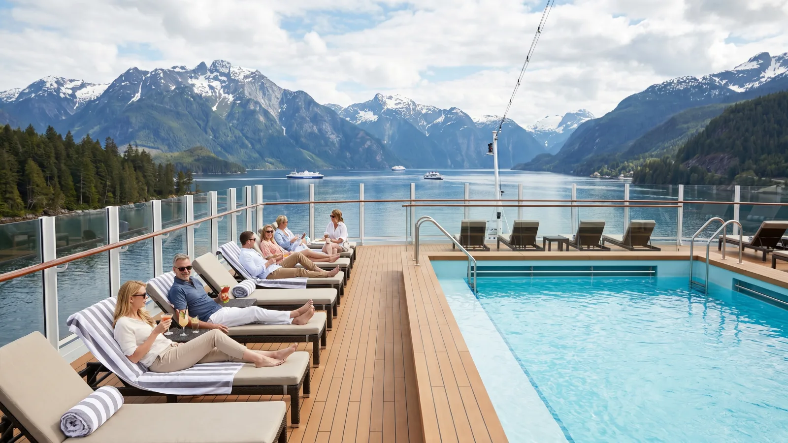 Pont superieur et piscine d un navire de croisiere face aux fjords norvegiens
