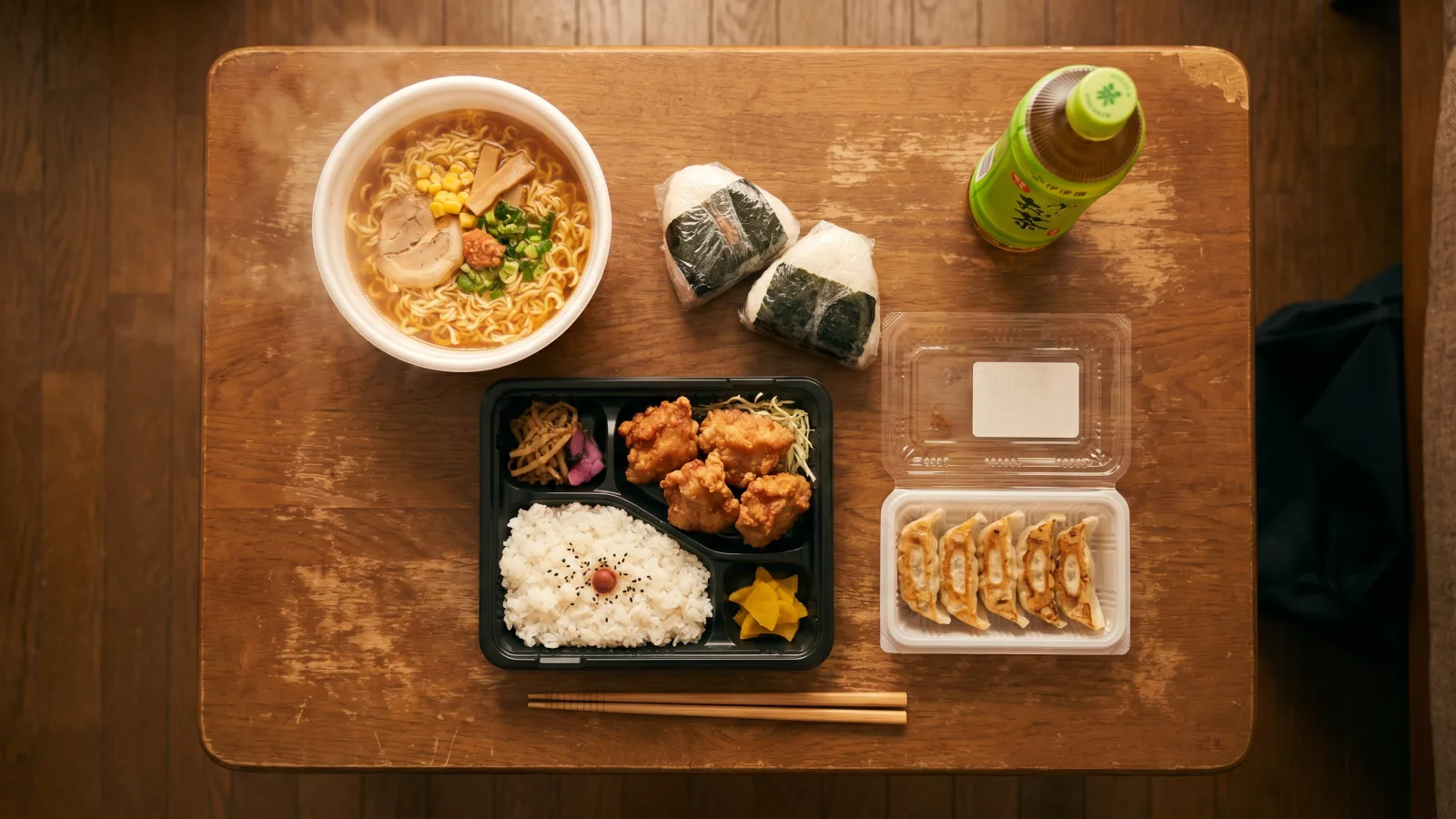 Repas japonais economique : ramen, onigiri et bento de konbini