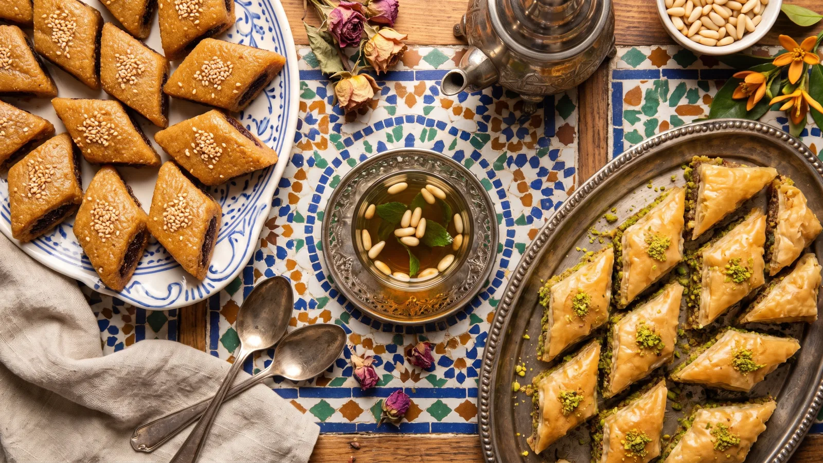 Pâtisseries tunisiennes makroud et baklawa avec thé à la menthe