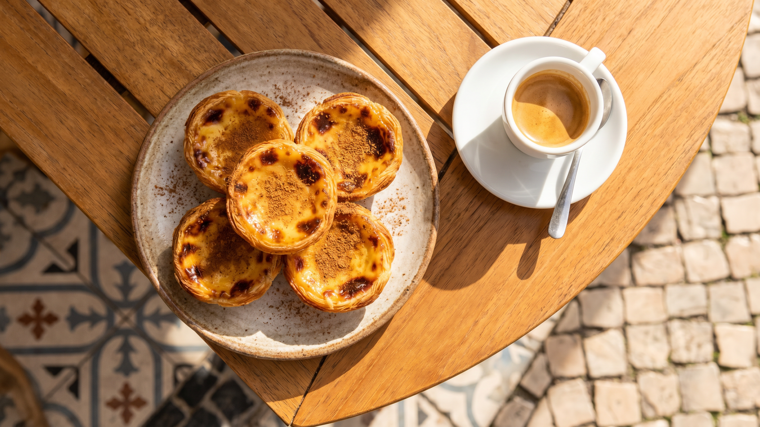 Pasteis de nata saupoudrés de cannelle et café expresso sur une table de café à Lisbonne