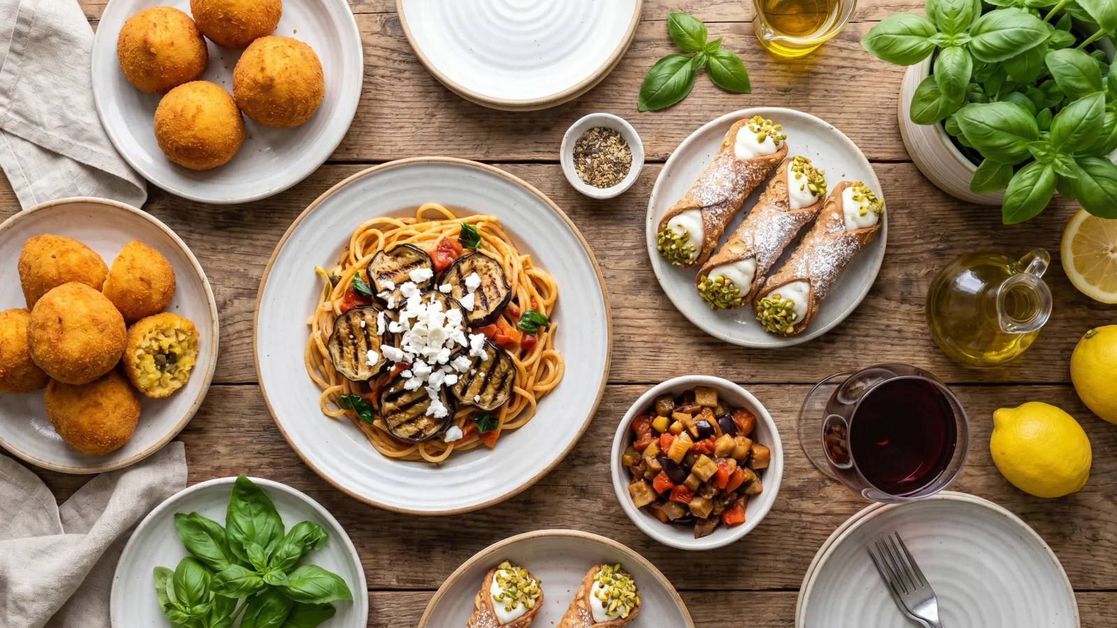 Spécialités culinaires siciliennes : arancini, pasta alla Norma, cannoli et vin de l'Etna