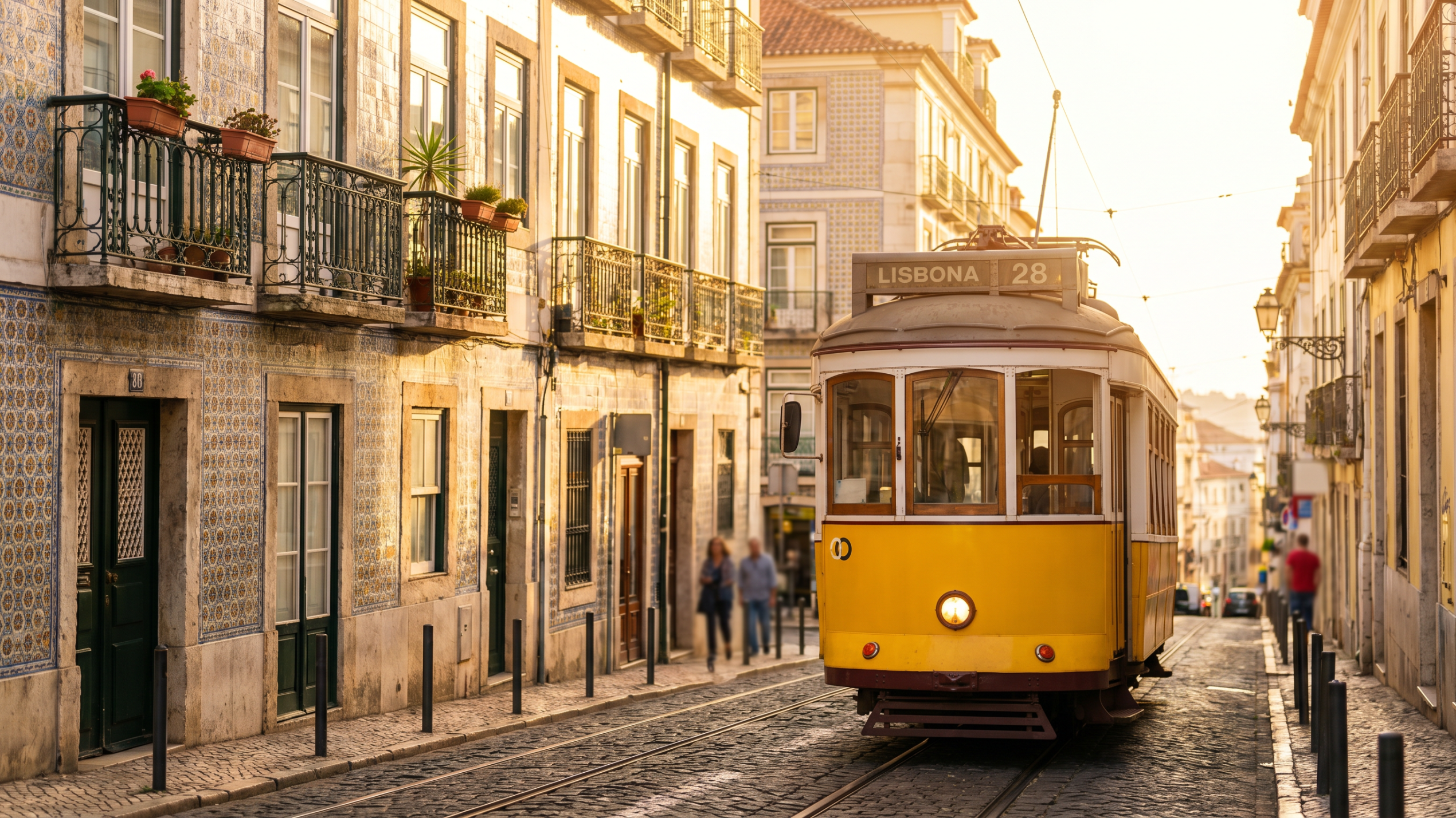 Tramway 28 jaune emblématique dans une ruelle pavée de l'Alfama à Lisbonne avec façades en azulejos