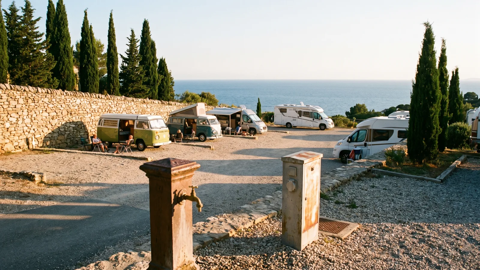 Aire de services pour camping car face à la Méditerranée avec point de remplissage en eau au coucher du soleil