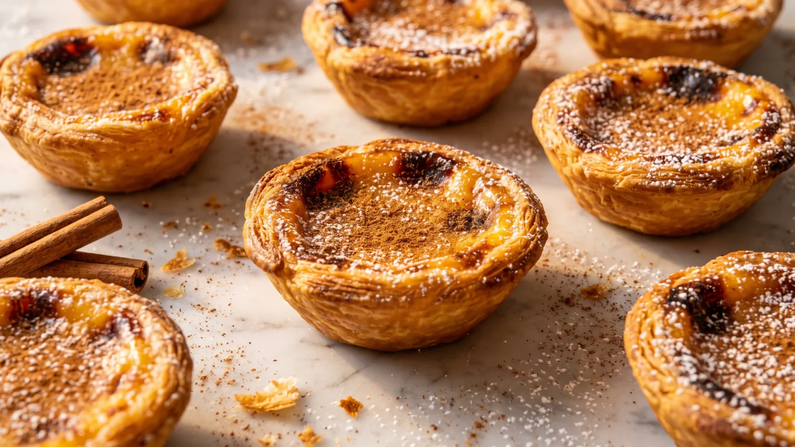 Pastéis de nata portugais dorés saupoudrés de cannelle