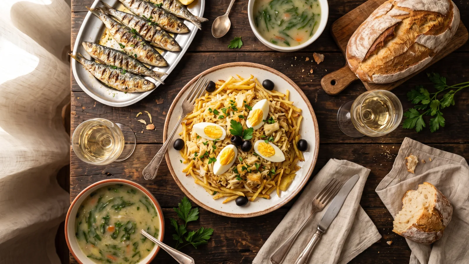 Table de plats typiques portugais : bacalhau, sardines grillées, olives et caldo verde