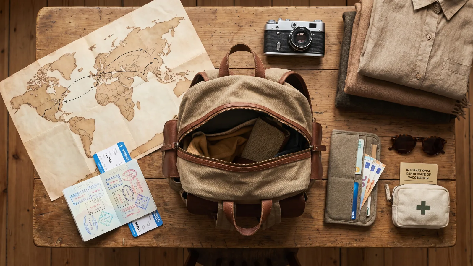 Sac à dos ouvert et essentiels pour préparer un tour du monde