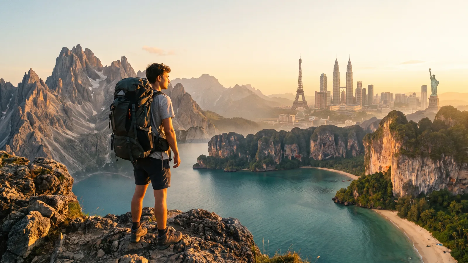 Voyageur avec sac à dos face à un paysage au coucher du soleil