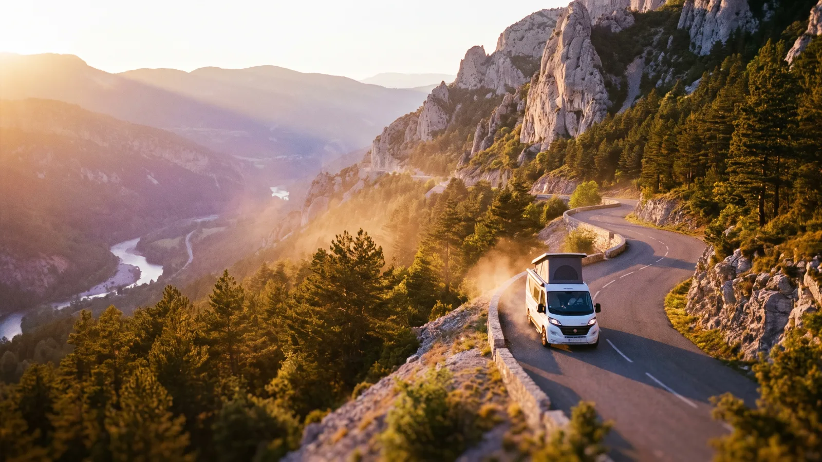 Camping car sur une route de montagne des Alpes françaises au coucher du soleil pendant des vacances en camping car