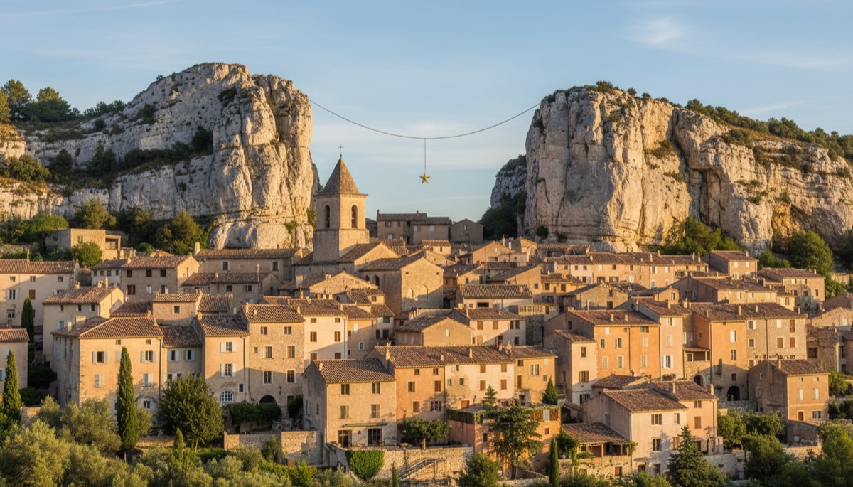 Le village de Moustiers-Sainte-Marie au pied de ses falaises, avec l'étoile suspendue entre les deux parois